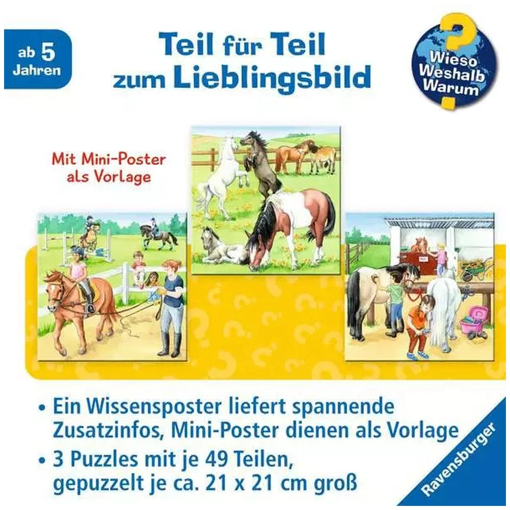 Ravensburger puzzle featuring colorful scenes of horses on a glossy yellow background with educational text in German.