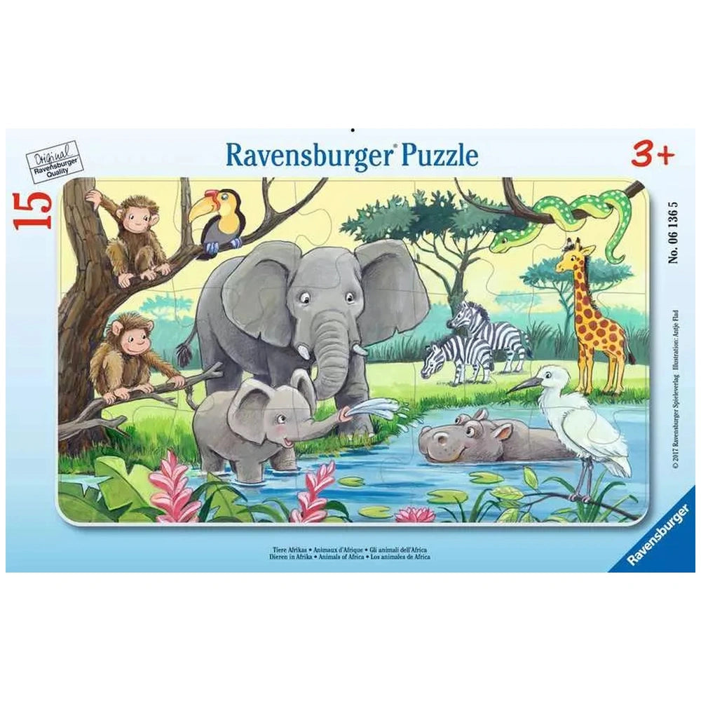 Ravensburger puzzle box showcases a vibrant illustration of African animals in a lush natural setting.