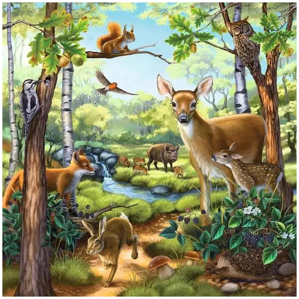 Ravensburger puzzle featuring a detailed forest scene with a deer, fox, bird, squirrel, and badger among vibrant foliage.