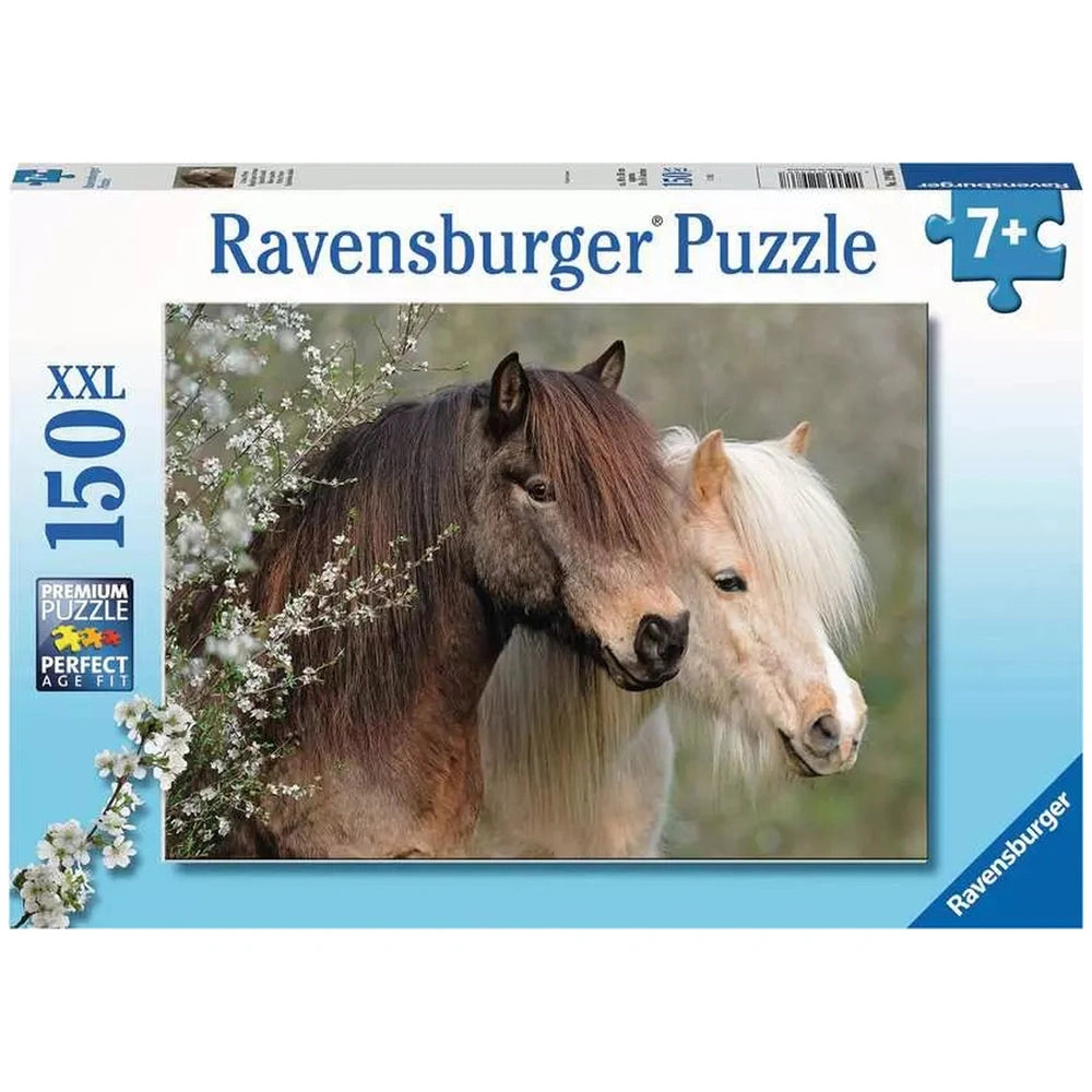 Ravensburger puzzle box featuring a dark brown and white horse against a blurred floral background, with visible puzzle piece