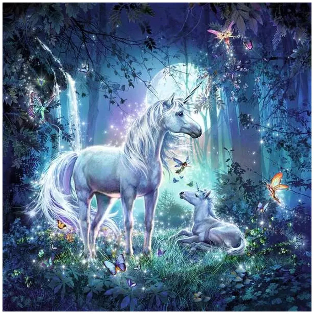 Beautiful unicorns in a magical forest under a full moon, surrounded by vibrant greenery and shimmering light effects.