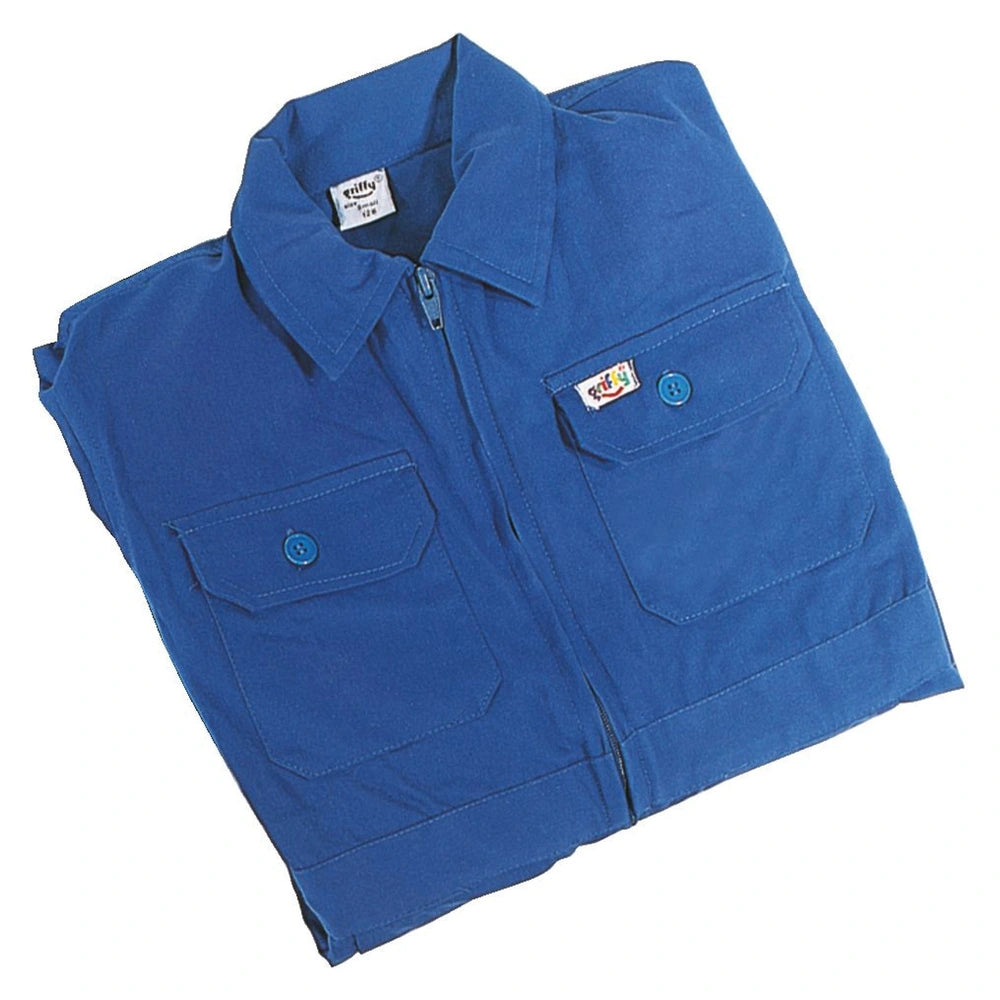 Solid blue cotton work shirt for boys and girls, featuring a collar, buttoned placket, and multiple buttoned pockets.