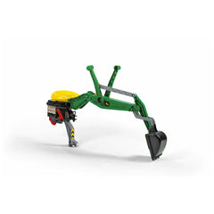 Rollybackhoe John Deere functional excavator toy in vibrant green with yellow and black accents, featuring a bucket and lever