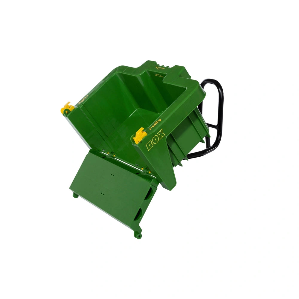 Green plastic Rollybox container with a black handle, designed for carrying items, featuring a smooth, glossy surface.