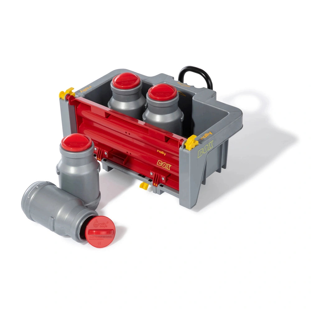 Rollybox in red and gray contains four metallic milk cans with red buttons on top for pretend play.
