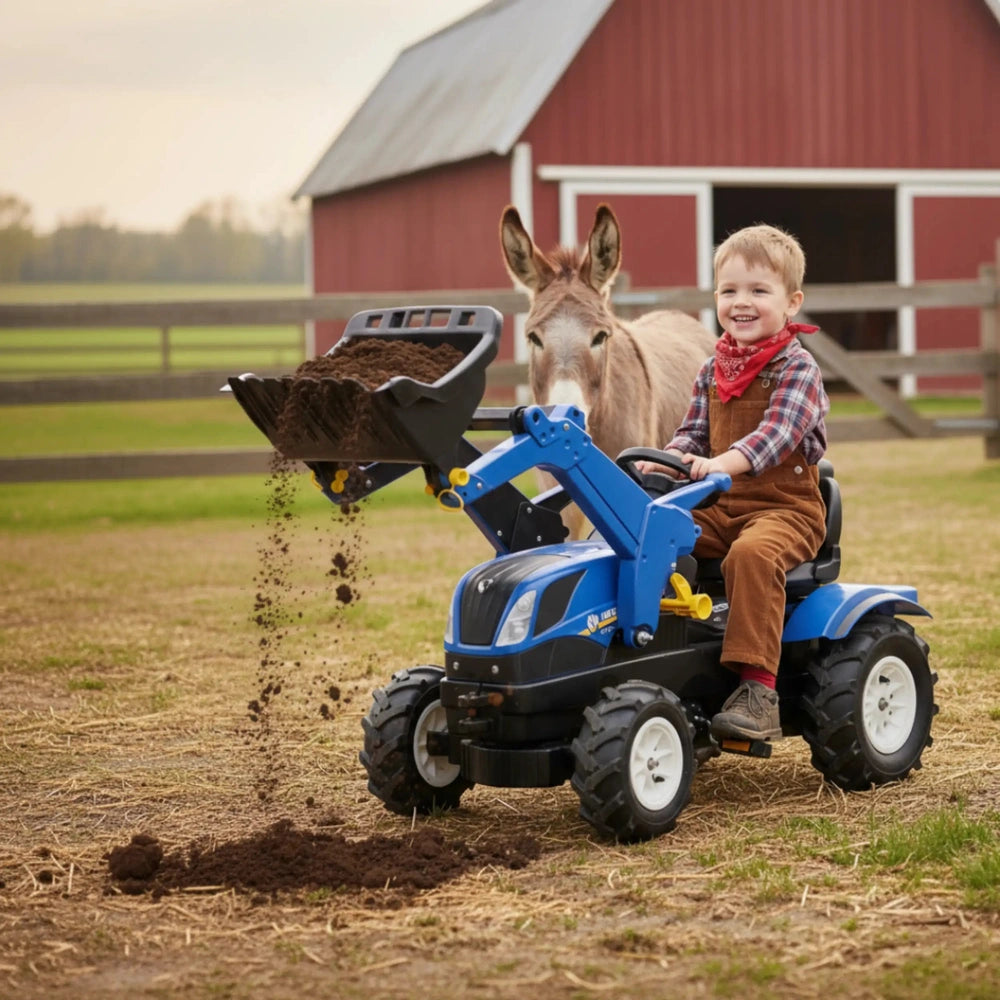 A child in a plaid shirt and red bandana smiles while riding a blue four-wheeler next to a calm donkey in a grassy area.