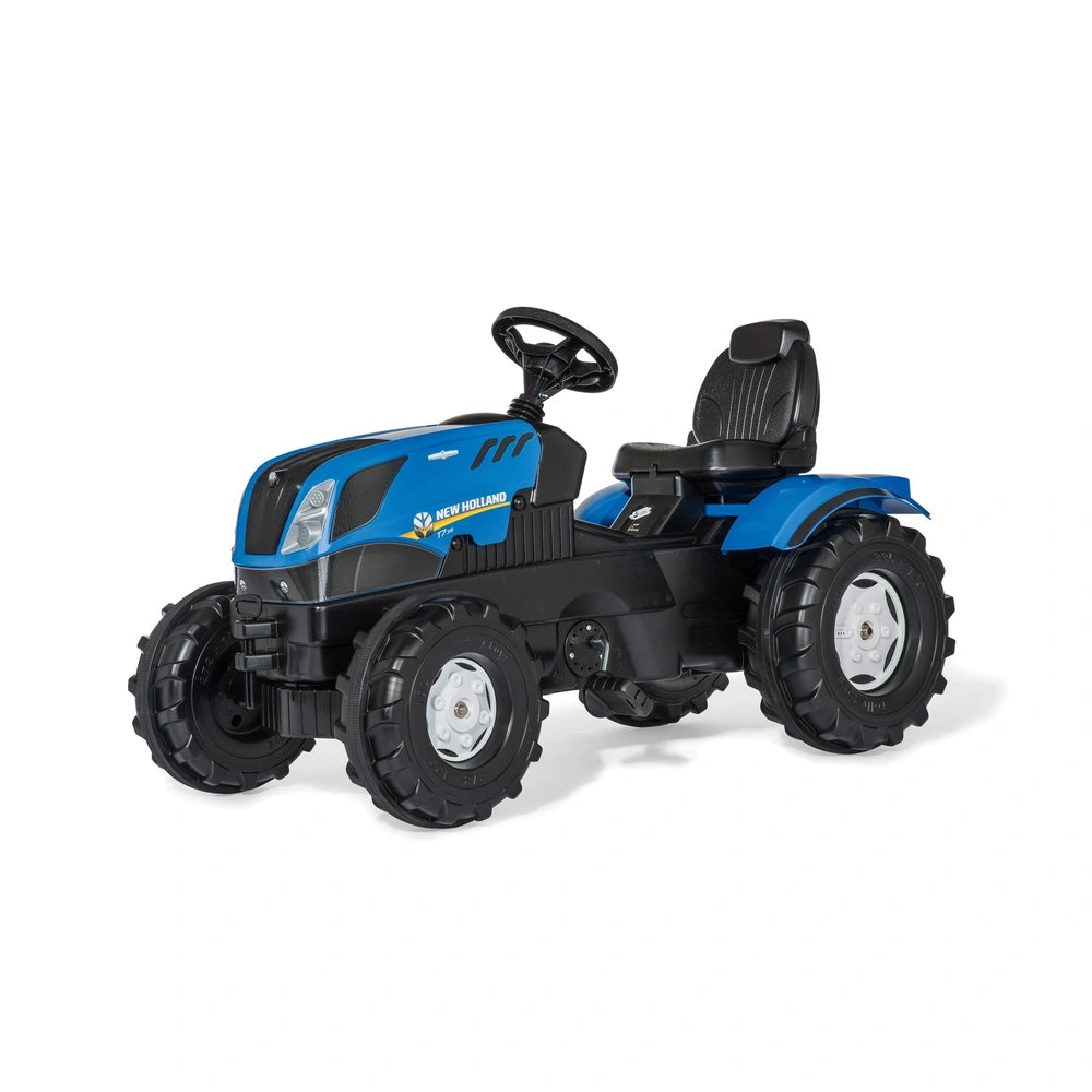 Rollyfarmtrac New Holland T7 tractor riding toy features a blue body, black accents, and large off-road tires for durable pla