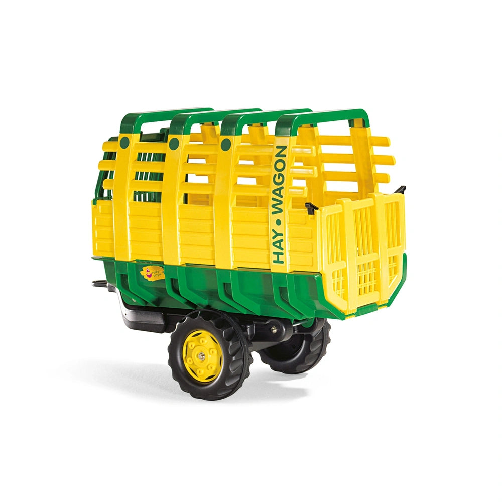 Rollyhay Wagon features a bright yellow body with green accents, designed for carrying items with open sides and pull handles