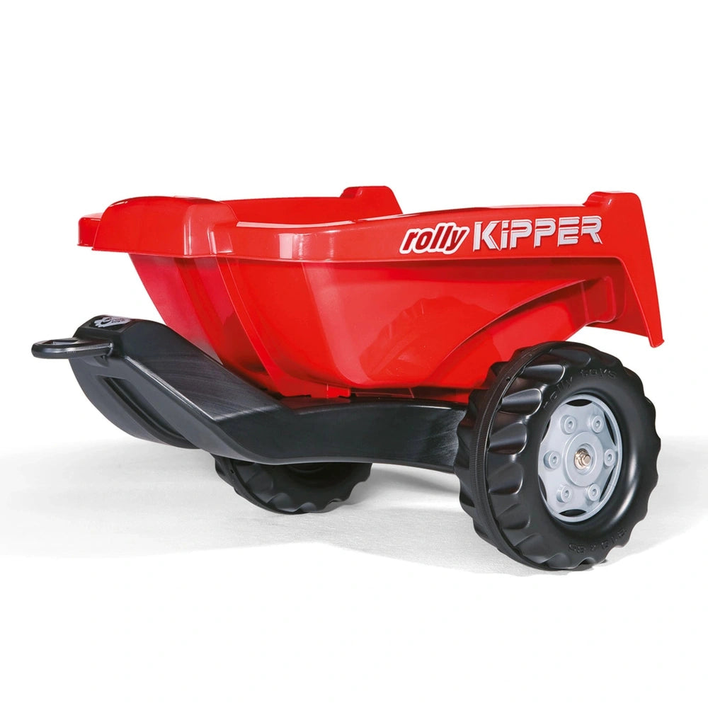 Red Rolly Toys tractor with black seat and wheels, featuring a large bucket and "ROLLY KIPPER" branding on a white surface.
