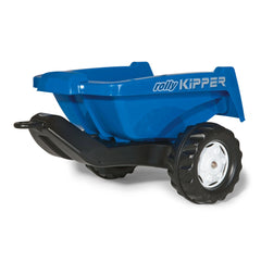 Rolly Toys Rollykipper II trailer features a blue toy lawn mower with black wheels and handle, designed for children's play.