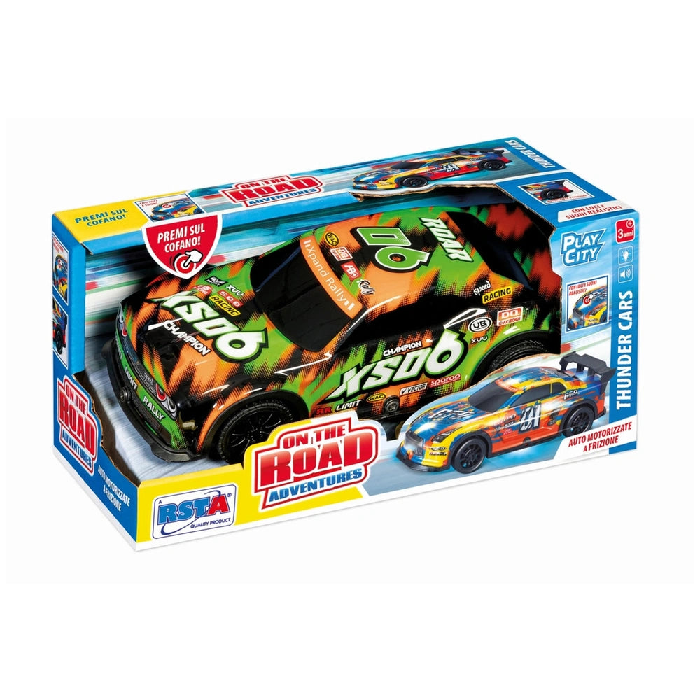 RS Tots - On The Road Adventure Play City Thunder Cars packaging features a green toy car with orange accents in a blue box.