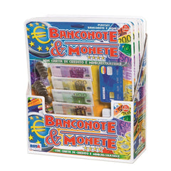 RS Toys Banknotes and Coins Mini Calculator Credit Card Set packaging features colorful design with images of coins and credi