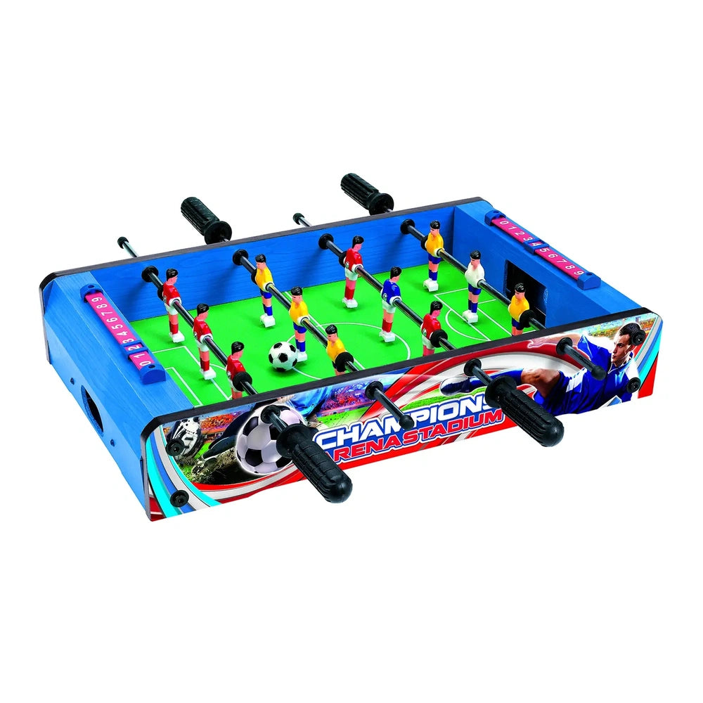 RS Toys Champions Arena Stadium features a miniature soccer table with a blue field, small player figures, and a ball.