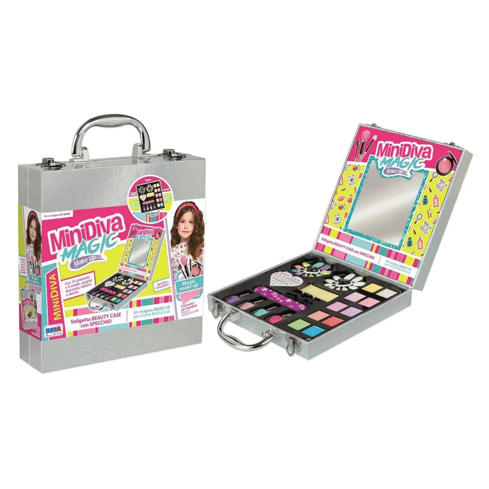 RS Toys Mini Diva Magic Makeup Set features a colorful briefcase design filled with toy makeup items like lipsticks and eyesh