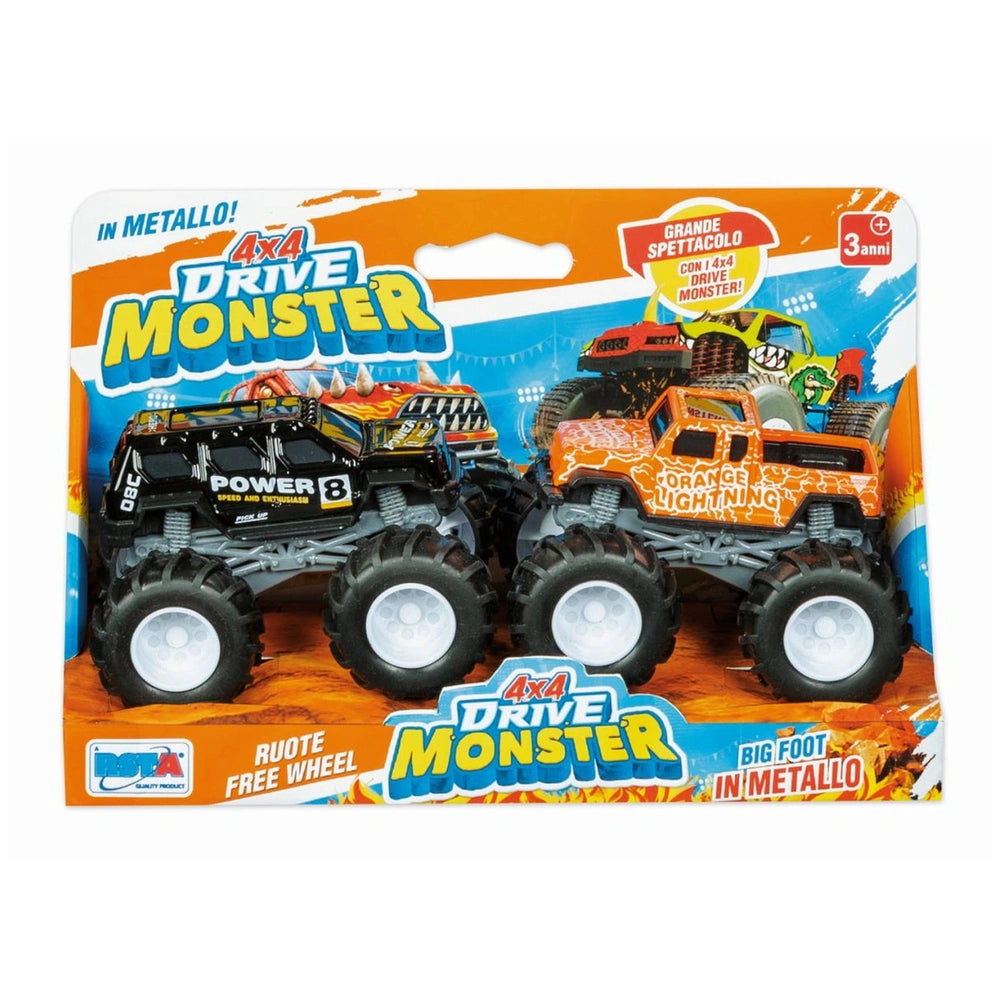 RS Toys 4x4 Drive Monster packaging features vibrant orange and blue colors with images of a black and red monster truck.