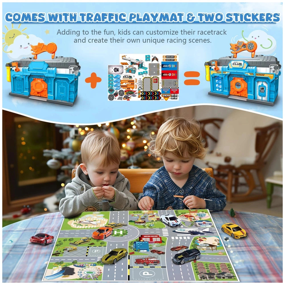 RS Toys Pista Pit Stop 2 in 1 Portable Garage and Launcher Track is enjoyed by two children on a colorful road map playmat.