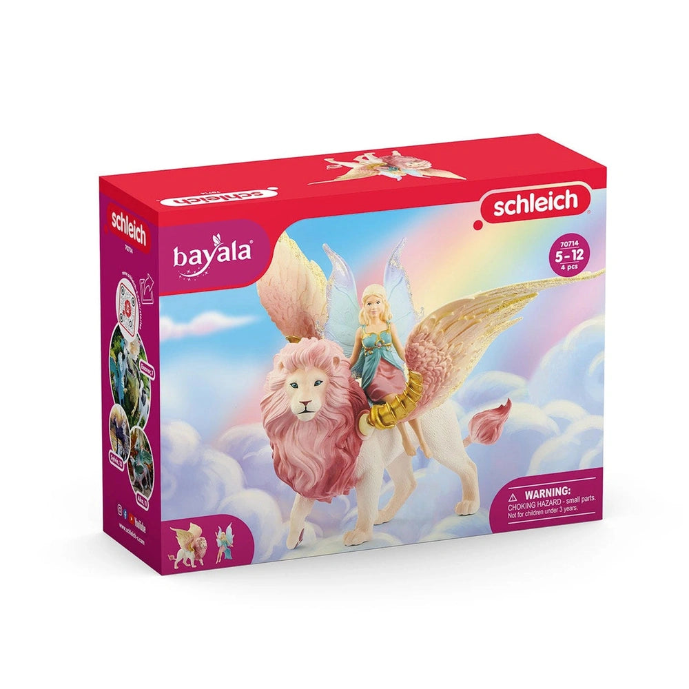 Schleich Bayala toy box features a pink lion and fairy in flight, vibrant colors, and a clear plastic window for display.