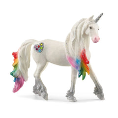 Rainbow Love Unicorn Stallion figurine features a glossy white body with a vibrant rainbow mane and tail adorned with sparkle