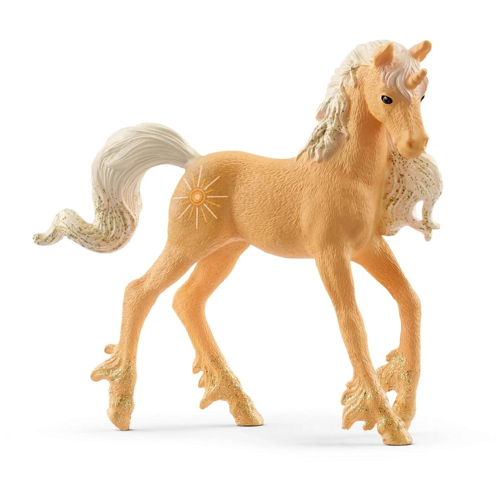 Stylized unicorn toy figure in light beige with a white mane and a golden star marking, set against a plain white background.