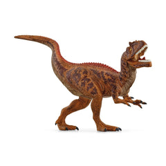 Allosaurus toy dinosaur in reddish-brown with glossy scales, standing with mouth open and long curved tail.