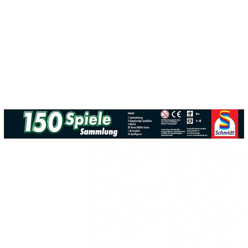 Schmidt Spiele 150 game collection sticker features white text on a dark background with a red and yellow logo.
