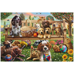 A garden picnic scene features colorful dogs and cats on a wooden bench surrounded by flowers and a clear blue sky.