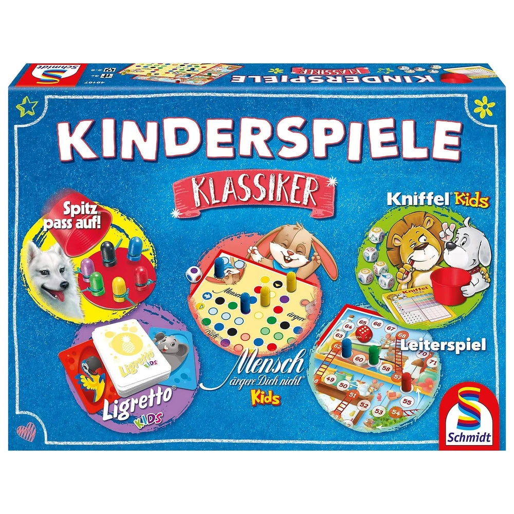 Schmidt Spiele children's board game box features colorful illustrations of animals and the title "KINDERSPIELE Klassiker" on