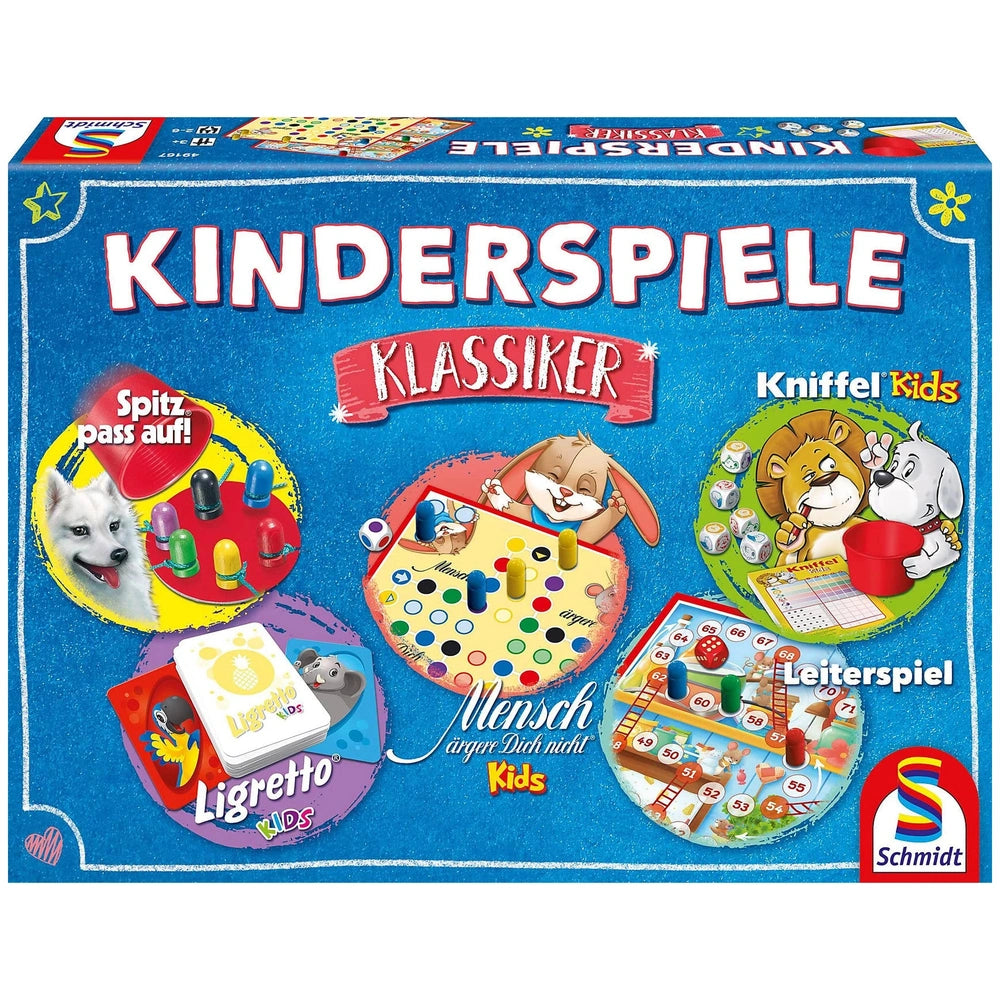 Schmidt Spiele children's board games box features colorful illustrations, playful graphics, and vibrant banners for kids.