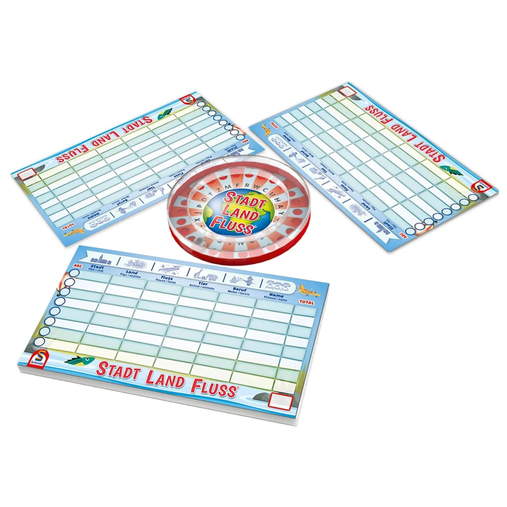 Schmidt Spiele's City, Country, River board game features colorful items with educational themes and the text "STADT LAND FLU