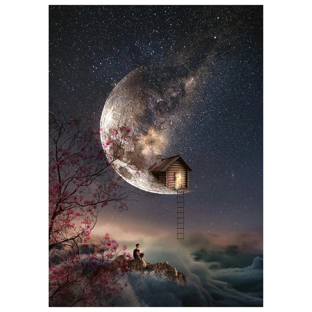 Schmidt Spiele's Dream Whispers puzzle features a surreal scene with a person on a rocky outcropping under a starry sky and m
