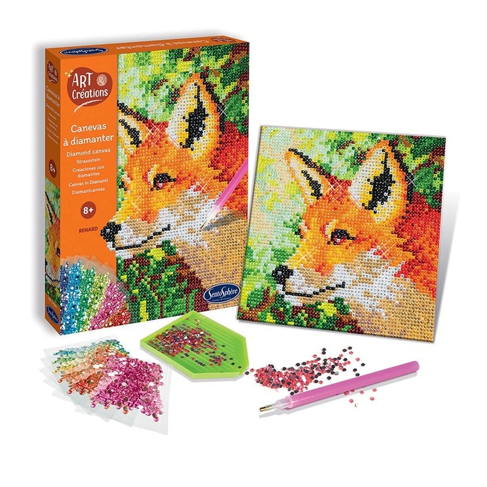 Art Creations Diamond Canvas Fox craft kit featuring a colorful bead mat, beads, scissors, and a box with a fox design.