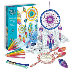 Sentosphere arts and crafts kit includes vibrant pencils, a dreamcatcher stencil, and a patterned plastic sheet for creative 