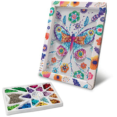 Colorful sequined butterfly craft kit featuring vibrant patterns and decorative floral elements on a glossy cardstock base.