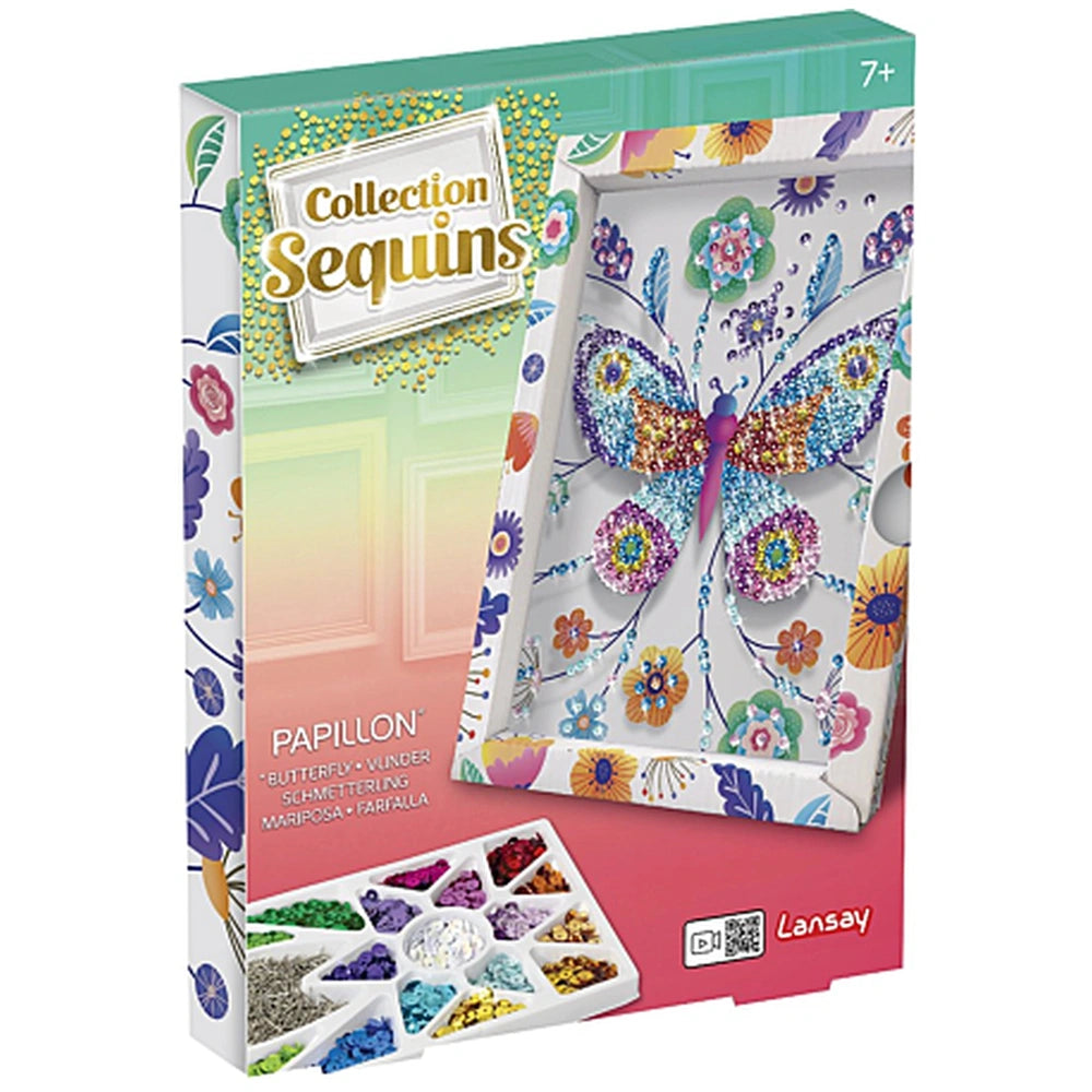 Sentosphere's Sequins Butterflies craft kit packaging features vibrant colors, a clear window, and decorative designs.