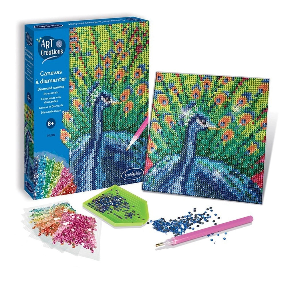 Sentosphere Diamond Canvas Peacock craft kit includes a colorful box, canvas, stencil, pink brush, and assorted beads.