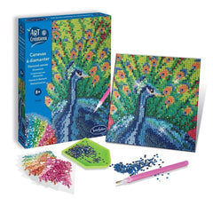 Sentosphere Diamond Canvas Peacock craft kit includes a colorful box, canvas, stencil, pink brush, and assorted beads.