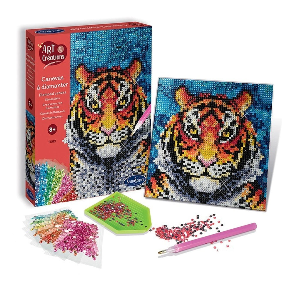 Diamond canvas craft kit featuring a colorful tiger design, stencil, beads, and a pen on a white background.