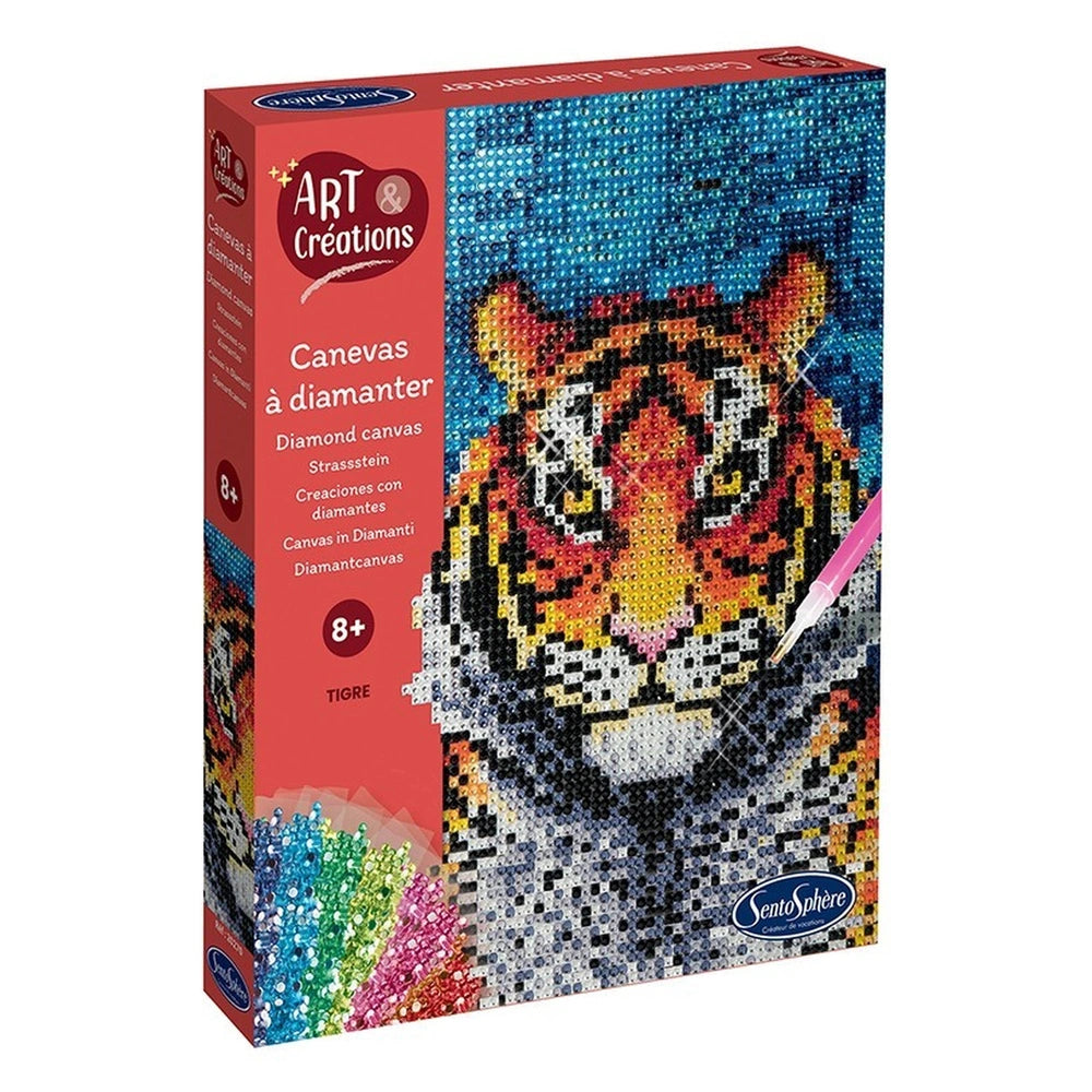 Diamond Canvas Tiger craft kit box featuring a vibrant pixelated tiger design on a glossy red background.