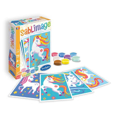 Mini Sablimage craft kit features vibrant stickers and stencils in an open packaging box on a flat surface.