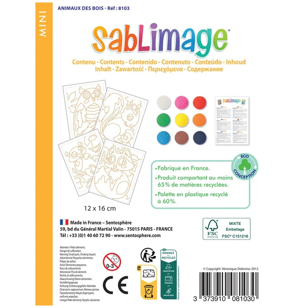 Sablimage Mini Forest Animals package features vibrant colors and illustrations of animals, designed for arts and crafts acti