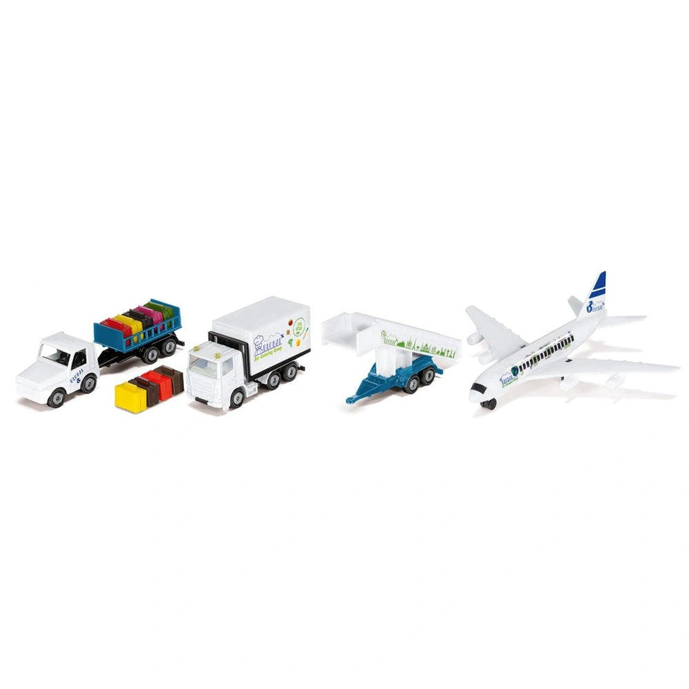 Siku Airport set features a collection of colorful toy vehicles including trucks and a white airplane with a blue tail.