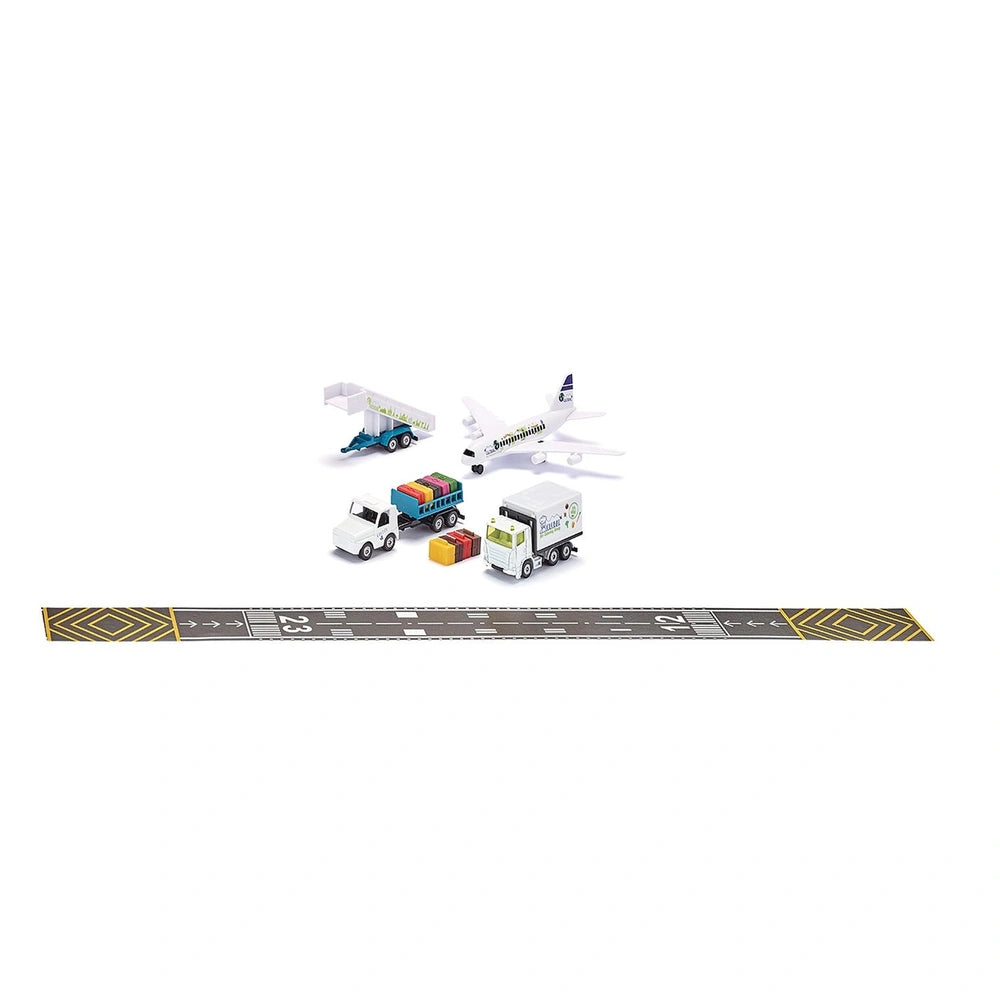 Siku airport set features toy vehicles like an airplane, truck, and train, arranged on a smooth surface to depict transportat