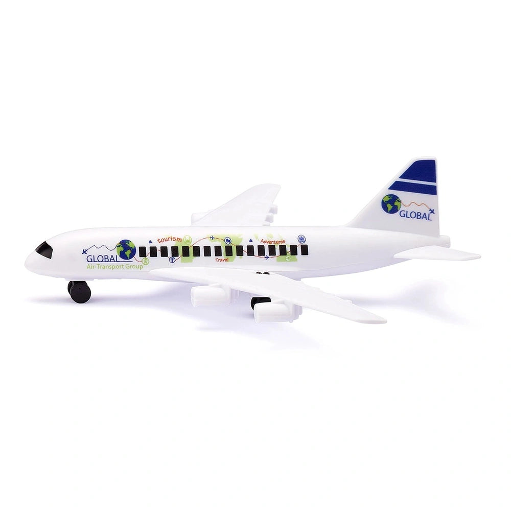 Siku airport set features a model airplane with a white body, blue tail fin, green stripe, and "GLOBAL AIR TRANSPORT GROUP" t