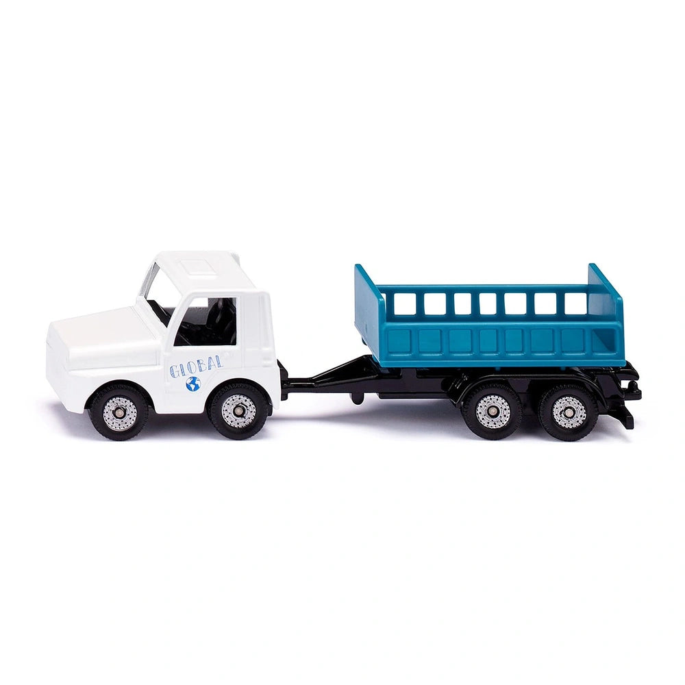 White toy truck with a blue flatbed trailer, featuring a glossy finish and "GLOBAL" text on the side, against a white backgro