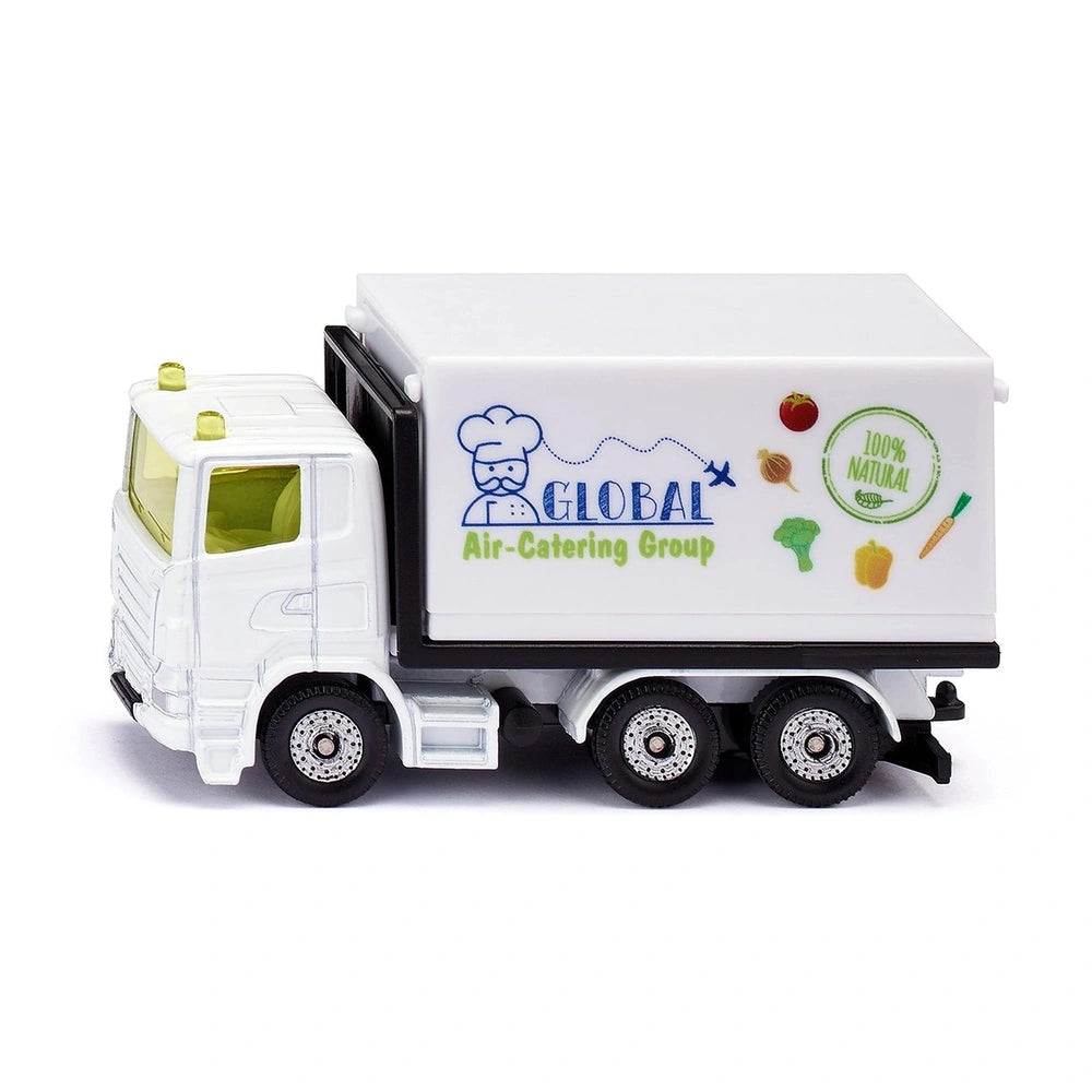 Toy airport set featuring a small white truck with a black trailer, showcasing catering graphics and a glossy finish.