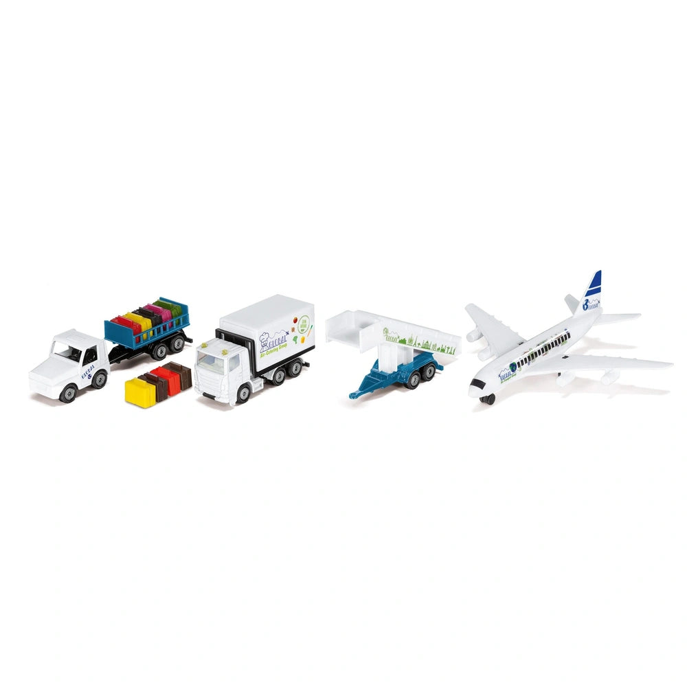 Siku Airport set features a white toy airplane and various colorful toy trucks arranged on a smooth white background.