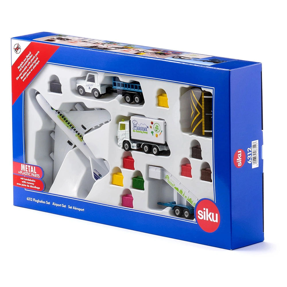 Siku airport toy playset features a truck and construction pieces in vibrant colors, packaged in a blue box with a clear wind