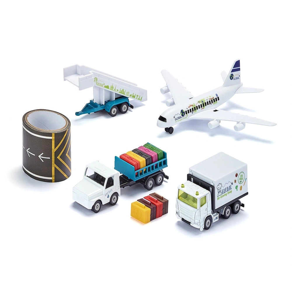 Siku airport set features a white airplane and colorful trucks with a striped cylindrical object on a white background.