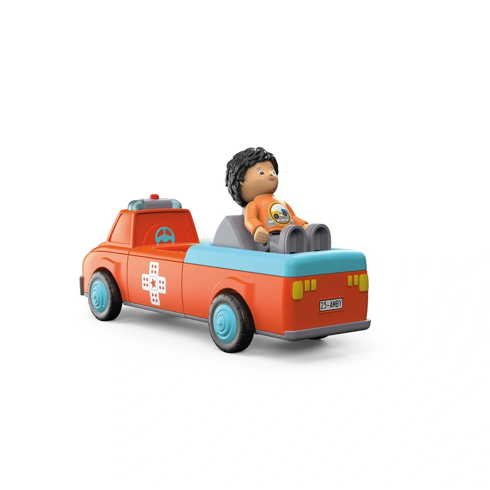 Toy ambulance in orange with blue and white accents, featuring a stylized driver in an orange shirt and a glossy finish.