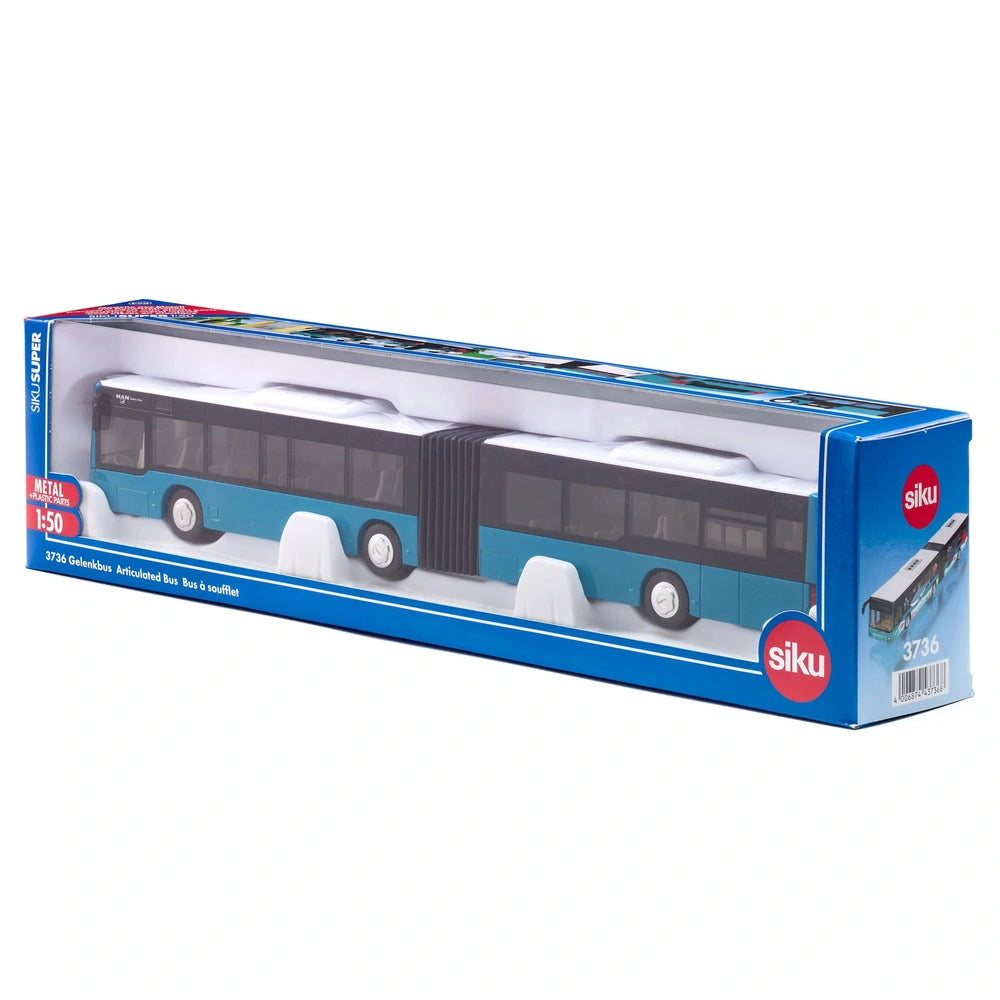 Siku articulated bus toy in blue and white packaging, showcasing a glossy double-decker design with clear windows and black w